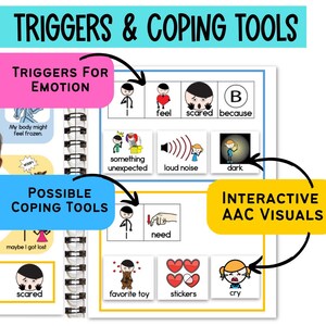 May include: A colorful visual aid for children with autism spectrum disorder (ASD) featuring images and text related to triggers and coping tools for emotions. The left side of the page shows triggers for emotion, such as "My body might feel frozen" and "something unexpected." The right side of the page shows coping tools, such as "favorite toy" and "stickers."