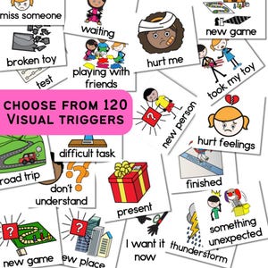 May include: A set of 120 visual triggers for children. The cards feature simple illustrations and text, such as "miss someone", "waiting", "broken toy", "playing with friends", "hurt me", "new game", "took my toy", "hurt feelings", "road trip", "difficult task", "don't understand", "present", "new person", "finished", "something unexpected", "thunderstorm", "I want it now", "new place", and "test".