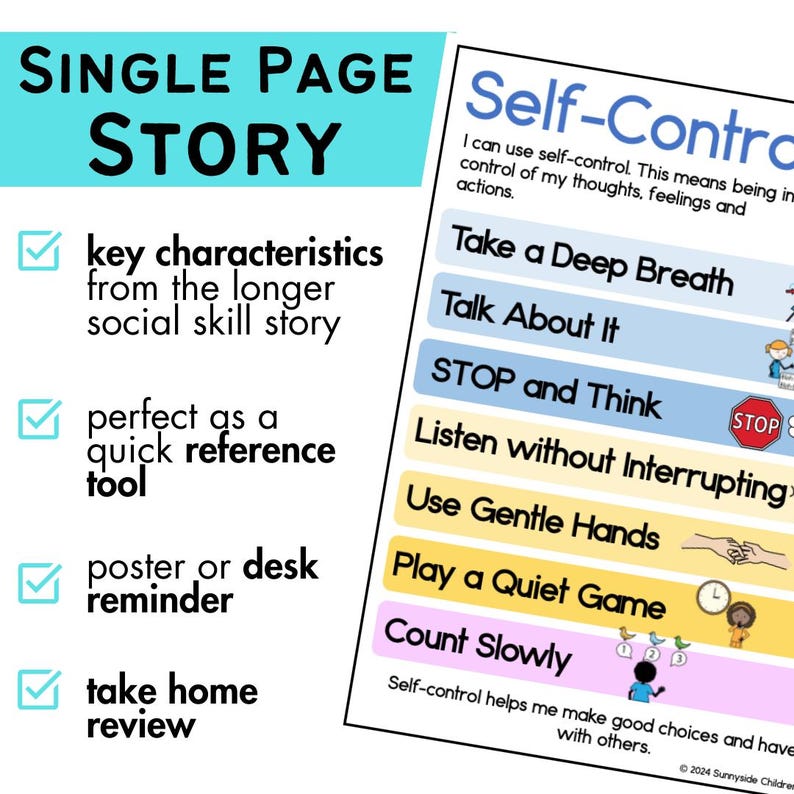 Pu&ograve; includere: Un poster stampabile su un solo foglio con un elenco di strategie di autocontrollo per bambini. Le strategie includono fare un respiro profondo, parlarne, fermarsi e pensare, ascoltare senza interrompere, usare mani gentili, giocare a un gioco tranquillo e contare lentamente. Il poster &egrave; progettato per aiutare i bambini ad imparare e mettere in pratica le capacit&agrave; di autocontrollo.