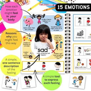 May include: A colorful chart with illustrations and text explaining 15 different emotions. The chart includes a picture of a young girl with a sad expression and the word "sad" written in large letters. The chart also includes a simple description of each emotion and reasons why someone might feel that way.