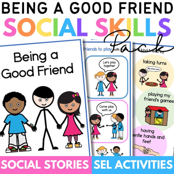 Eine gute Freundin sein Social Fertigkeit Story Pack mit 4 Freundschaft Aktivitäten Homeschool Freunde machen Autismus Printable AAC für Kinder Arbeitsblätter