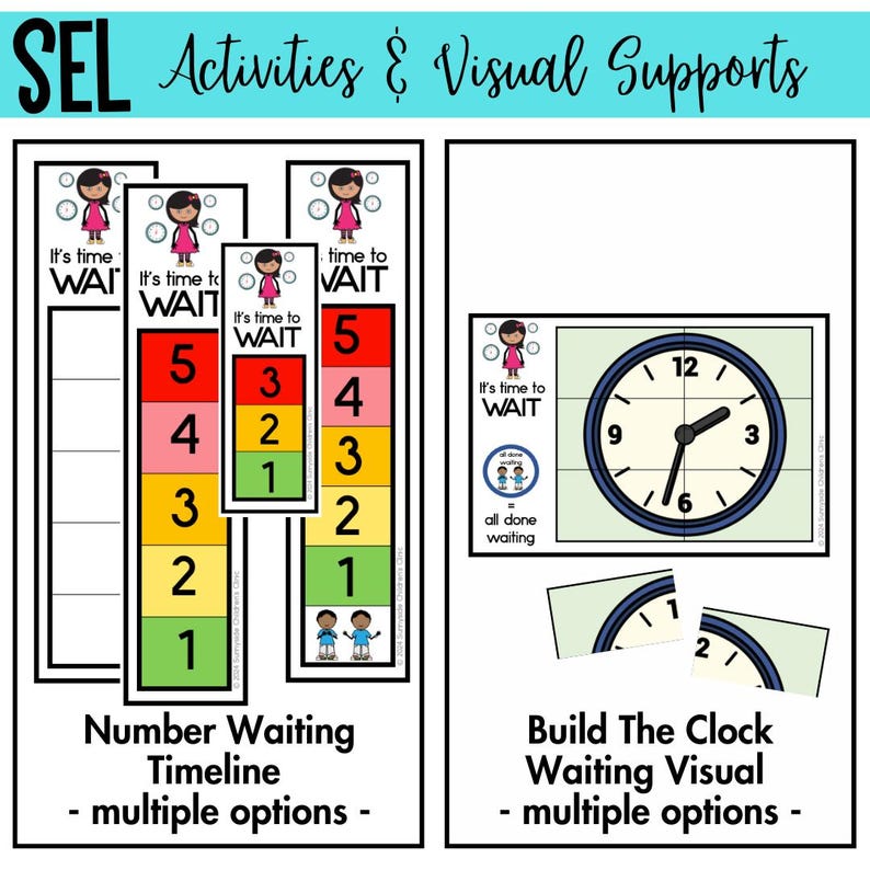 May include: Educational visual aids for SEL activities. The image features a number waiting timeline with multiple options and a clock-building visual. The timeline displays numbers 1-5 in a color-coded format. The clock visual includes clock faces and time segments.