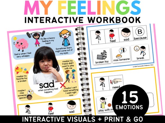 Feelings & Emotions Interactive Workbook with Coping Skills Self Regulation SEL Activity Homeschool Autism Printable AAC For Kids Worksheets