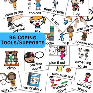 May include: A set of 96 colorful cards with black line drawings of people and objects. Each card has a coping tool or support written on it, such as "deep breath", "hug", "favorite toy", "story time", "visual story", "positive word", "climb", "plan it out", "play with me", "transition object", "personal space", "help", "more time", "to talk", "listen to me", "choices", "cry", "deep pressure", and "activ".