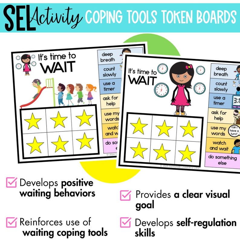 May include: Two colorful token boards with the text "It's time to WAIT" and illustrations of children. Each board has a grid of six yellow stars. The boards are designed to help children develop positive waiting behaviors and self-regulation skills.
