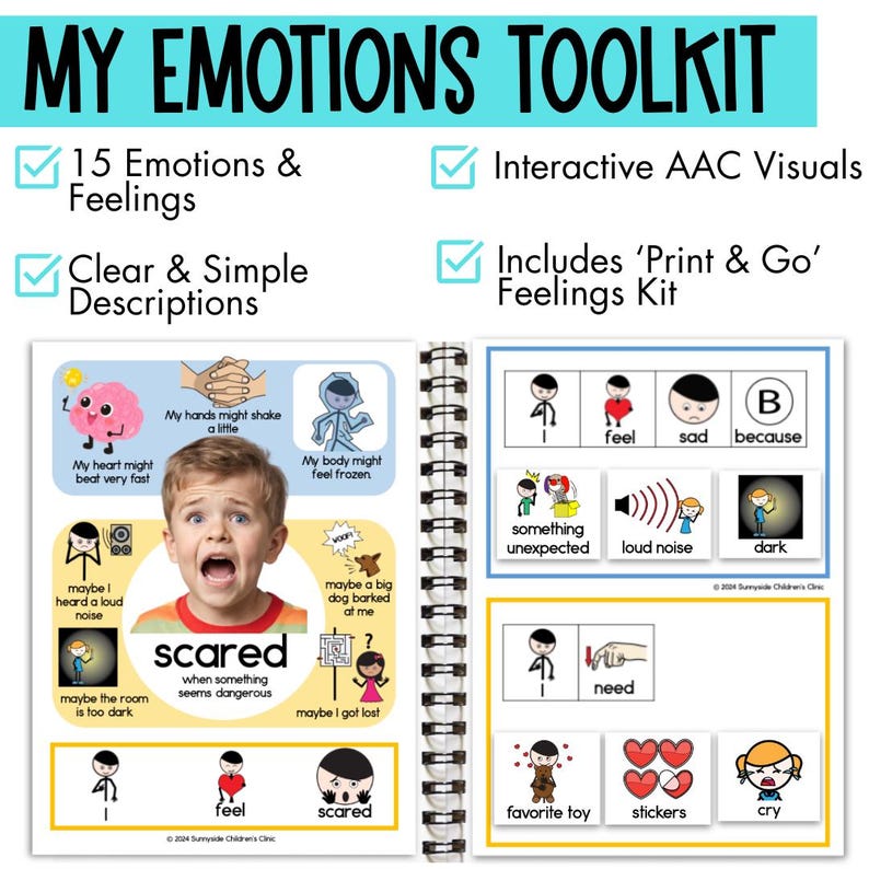 May include: A colorful toolkit for teaching children about emotions. The toolkit includes 15 emotions and feelings, clear and simple descriptions, interactive AAC visuals, and a 'Print & Go' feelings kit. The toolkit features a variety of illustrations and text.