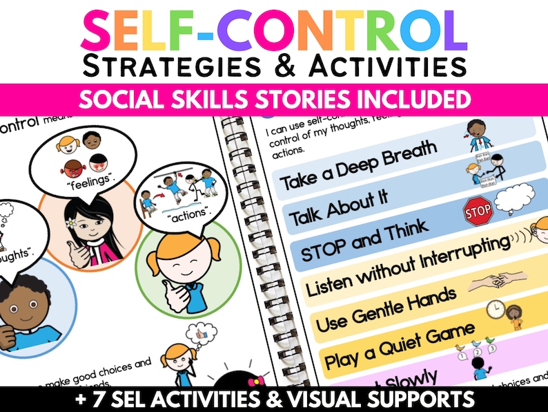 Autocontrollo e controllo degli impulsi: storie sociali / attività SEL, regolazione emotiva, autismo, educazione speciale, strumento di gestione del comportamento immagine 1
