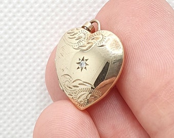 Collana vintage con medaglione a cuore in oro da 9 ct, ciondolo con diamanti da 1,73 g, immagine solida da 9 kt, foto retrò da donna, donna, ragazza, gioielli, gioielli, regalo degli anni '90