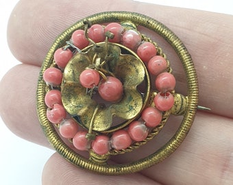 Antique Victorian Gold Gilt Faux Coral Brooch Round circular Etruscan Revival Retro Base Metal Unisex Mens Womens Ladies Jewellery Jewelry