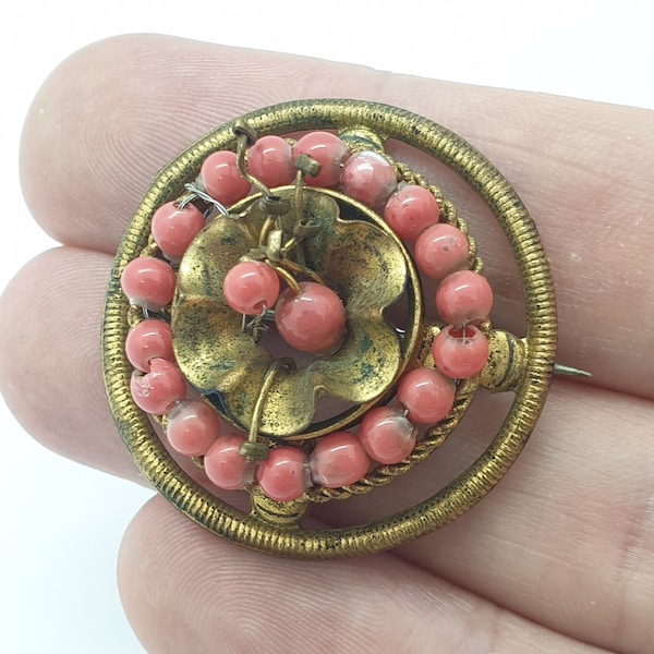 Antique Victorian Gold Gilt Faux Coral Brooch Round circular Etruscan Revival Retro Base Metal Unisex Mens Womens Ladies Jewellery Jewelry