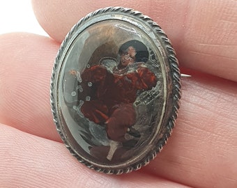 Antique Art Deco Sterling Silver Portrait Brooch Master Lambton The Red Boy Hand Painted Oil Vintage Mens Ladies Jewelry Womens Jewellery