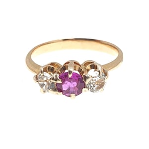 アンティーク 18金 ルビーリング ホワイトサファイア 3ストーン トリロジー 18金 ソリッド750 イエロー スモールサイズ レディース ガールズ ヴィンテージジュエリー UKH.5 US4.25