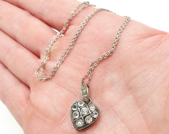 Antique Necklace Sterling Silver Heart Pendant Diamond Paste Edwardian 16" 41cm 1902 Hallmarked Vintage Womens Ladies Jewellery Jewelry Gift
