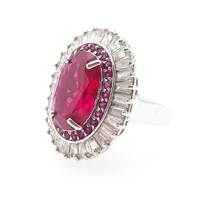 Vintage Sterling Silver Ruby CZ Ring Large Oval Halo Size UK L US 5.75 Ladies Jewellery Jewelry Gift