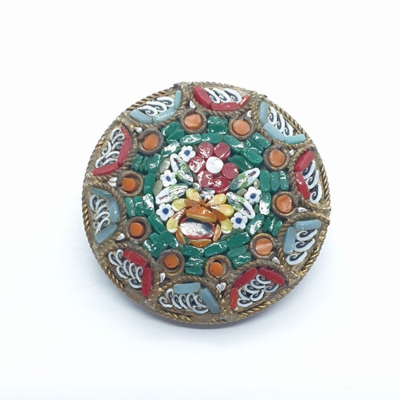 Antique Micromosaic Brooch Round Flowers Green Red