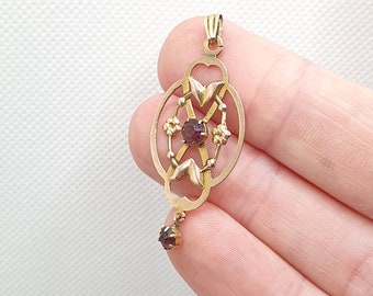 Antique 9ct Gold Pendant Amethyst Paste Lavaliere Edwardian Openwork Drop Necklace Fancy Art Nouveau Lavalier Vintage Jewelry Jewellery Gift