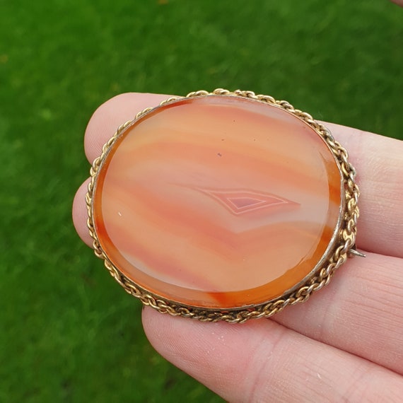 Antique Victorian Solid Silver Agate Brooch Gold … - image 1