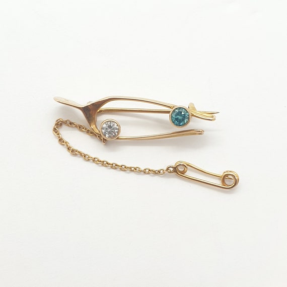 Antique 18ct Gold Brooch White Blue Topaz Wishbon… - image 5