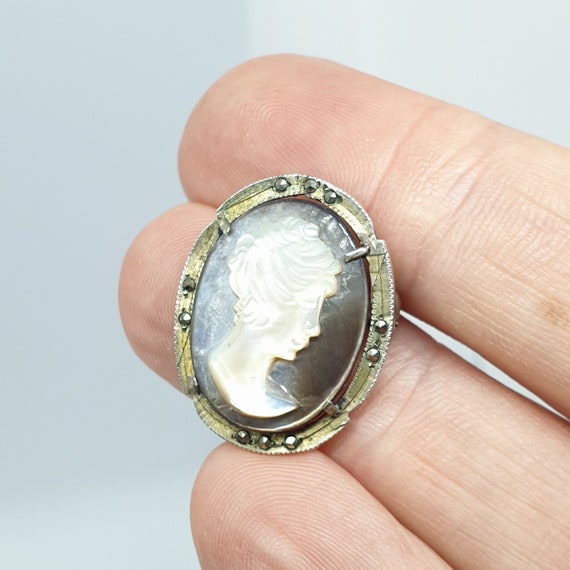 Pendentif Ancien Camée En Argent Massif Et Marcassites - Bijou Vintage - Occasion