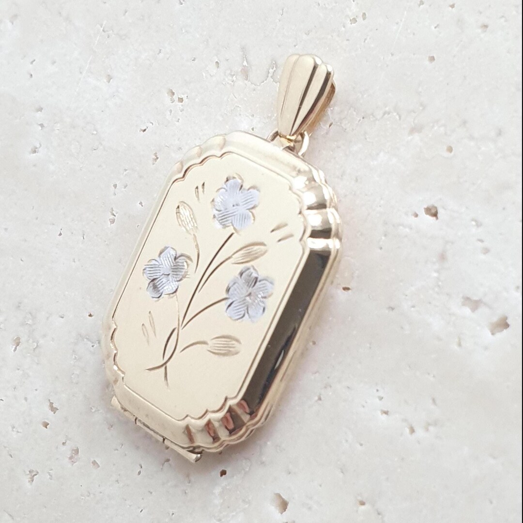 Rectangular Gold Locket Vintage 9ct Gold Locket Rectangular Pendant Square Flower Floral Solid ...