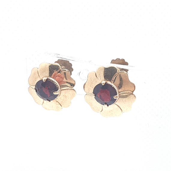Antique 9ct Gold Earrings Screw Back Screwback Garnet Paste 9k 375 Solid Gold Red Stone Flower Floral Womens Jewellery Ladies Jewelry Gift