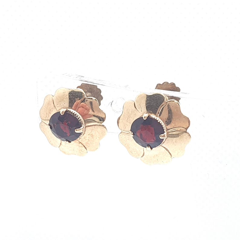 Antique 9ct Gold Earrings Screw Back Screwback Garnet Paste 9k 375 Solid Gold Red Stone Flower Floral Womens Jewellery Ladies Jewelry Gift image 1