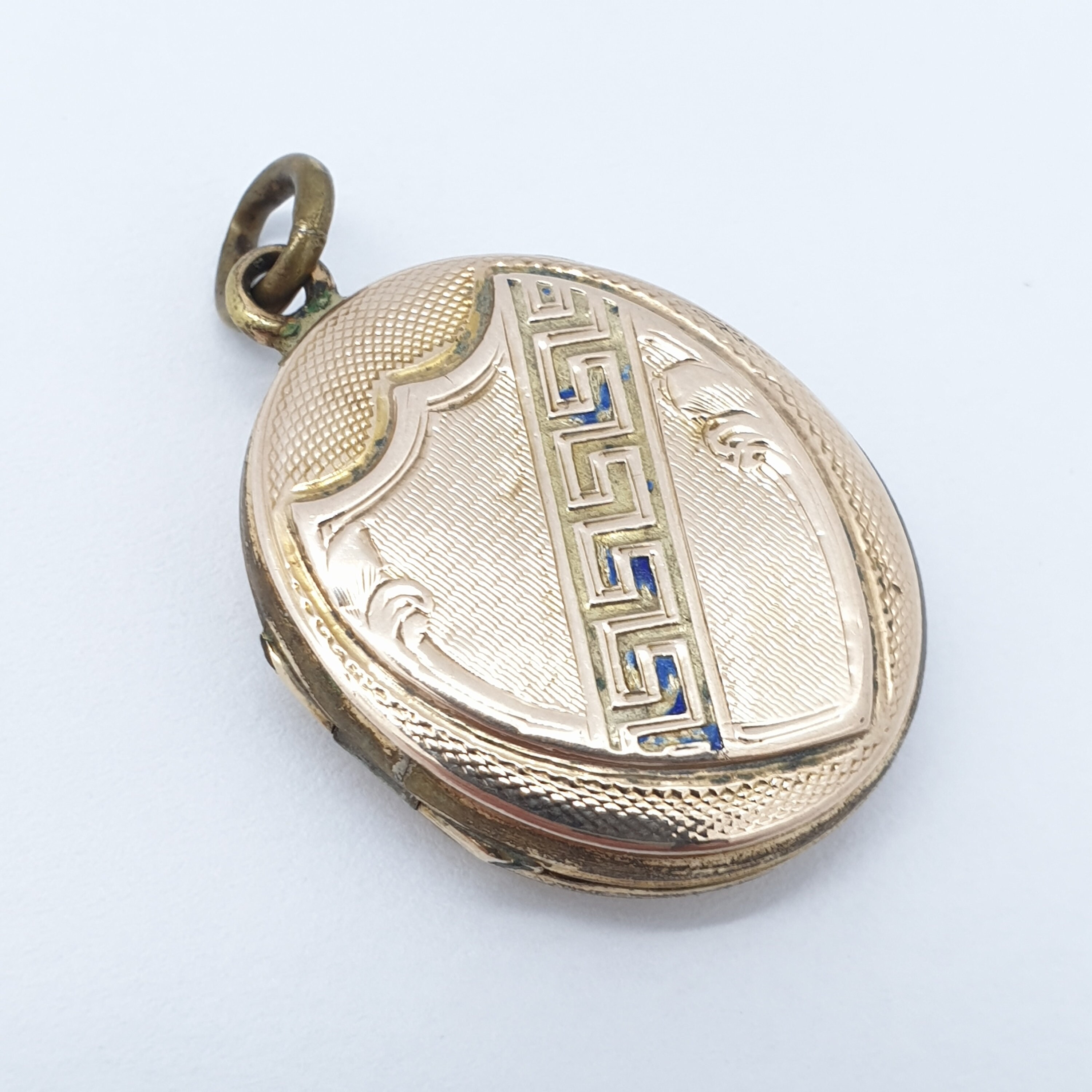 Antique 9ct Gold Locket Pendant Victorian Front Back Shield Greek Key ...
