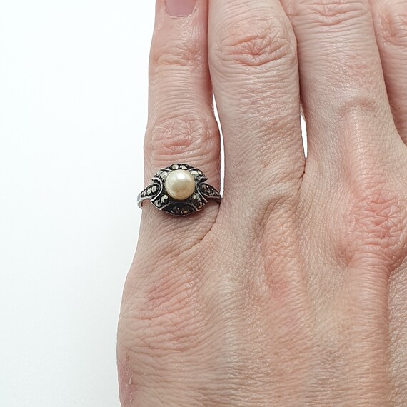 Antique Art Deco Sterling Silver Pearl Ring Vinta… - image 3