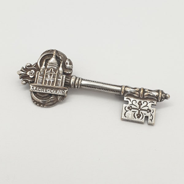 Antique Silver Plate SACRE COEUR Key Brooch Catholic Church Basilica France French Paris Vintage Mens Ladies Womens Jewellery Jewelry 1910s