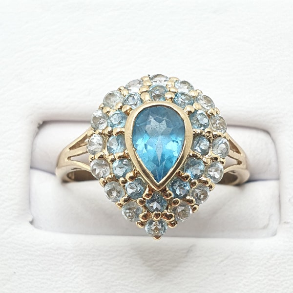Vintage 9ct Gold Aquamarine Topaz Ring Swiss Blue White Spinels 9k Solid 375 1990's Sparkly Womens Jewelry Ladies Jewellery UKP US8 Gift