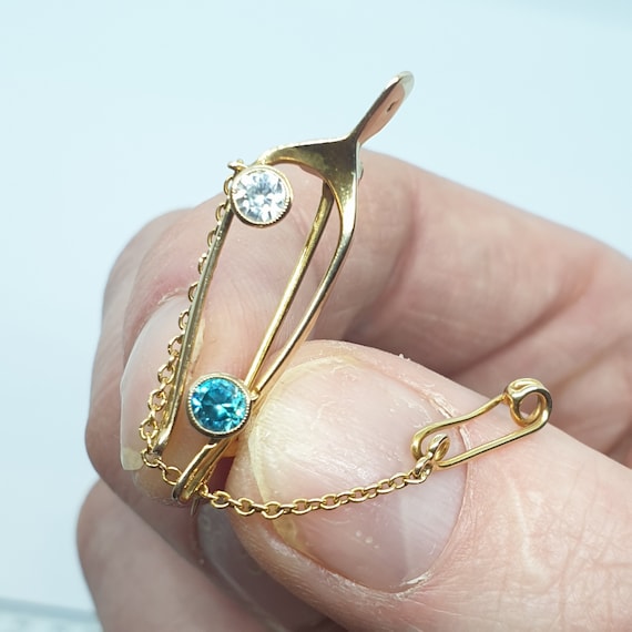 Antique 18ct Gold Brooch White Blue Topaz Wishbon… - image 2