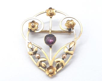 Antique 9ct Gold Garnet Brooch: Art Nouveau Edwardian Flower Floral Jewelry Jewellery