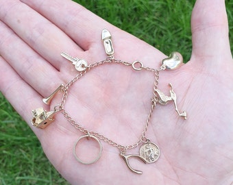 Vintage 9ct Gold Armband Kette Charme Panzer Link Charms 12.13g 1959 18 cm 7 ""massive Eternity Ring Bean Kirche Wishbone Schmuck Schmuck."