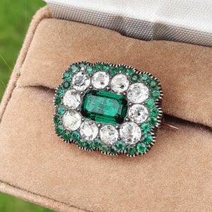 アンティーク 9カラット ゴールド ジョージアン ブローチ エメラルド ダイヤモンド スタイル グリーン クリア ペースト ストーン 375 ソリッド シルバー セット ヴィンテージ 1800年代 9k ジュエリー ギフト
