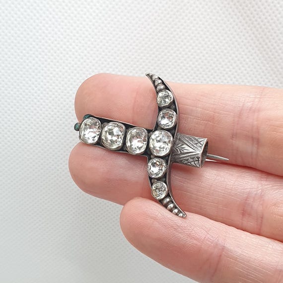 Antique Solid Silver Crescent Brooch Diamond Past… - image 1