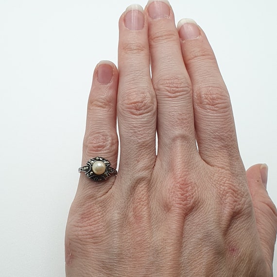 Antique Art Deco Sterling Silver Pearl Ring Vinta… - image 2