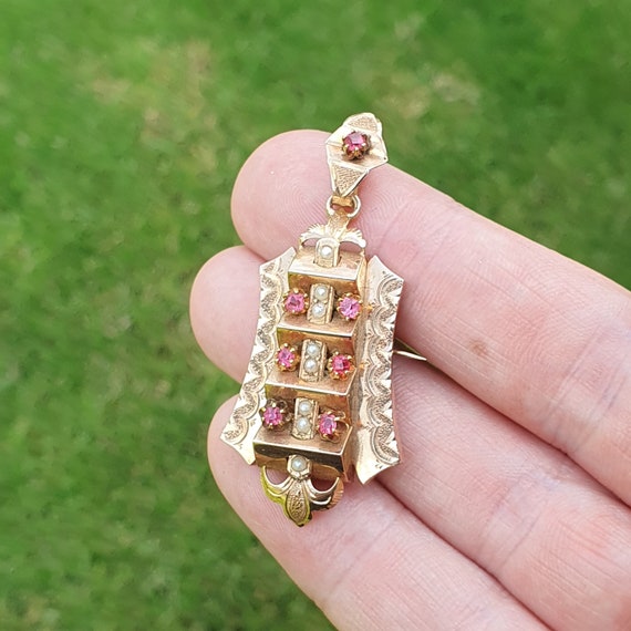 Ruby様ピンクオパールBIGリボンNo.1897 Antique Victorian 18ct Ruby Pendant Brooch Seed Pearls Large Huge