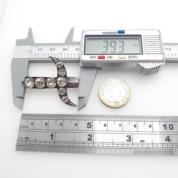 Antique Solid Silver Crescent Brooch Diamond Past… - image 9