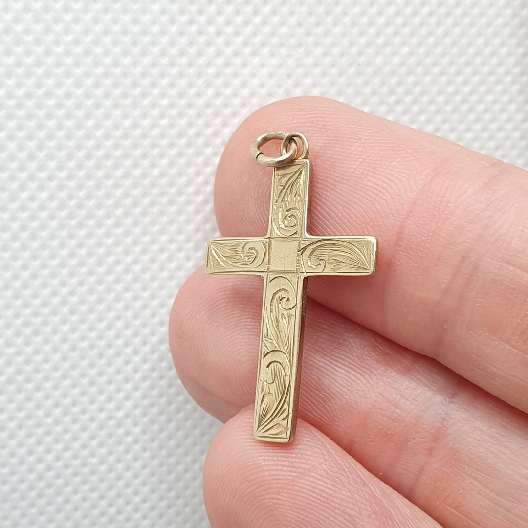 Vintage 9ct Rose Gold Cross Pendant Crucifix Engraved Pattern