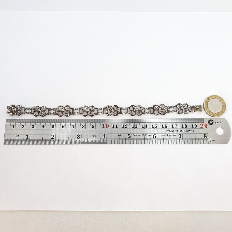 Antique Art Deco Solid Silver Marcasite Bracelet Pierced Link Panel German Ornate 1920s Vintage 13.39g 19cm 835 Womens Jewellery Jewelry