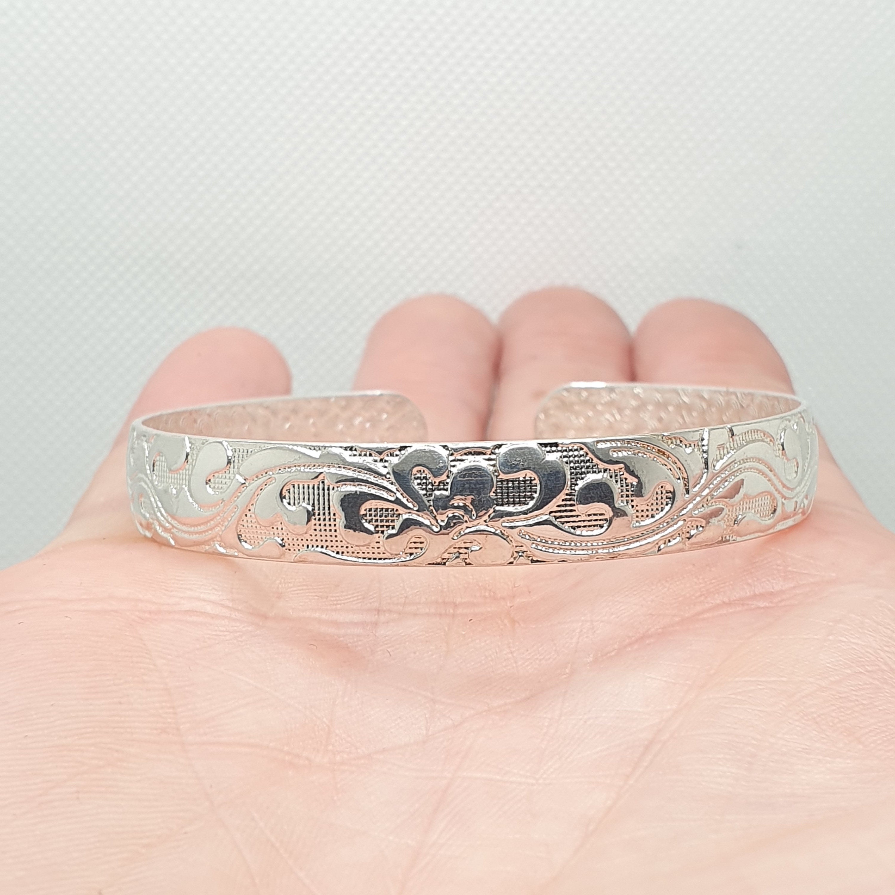 Bracelet Manchette Argenté Gravé Vintage - Large, Rigide, Avec Turquoise, Occasion