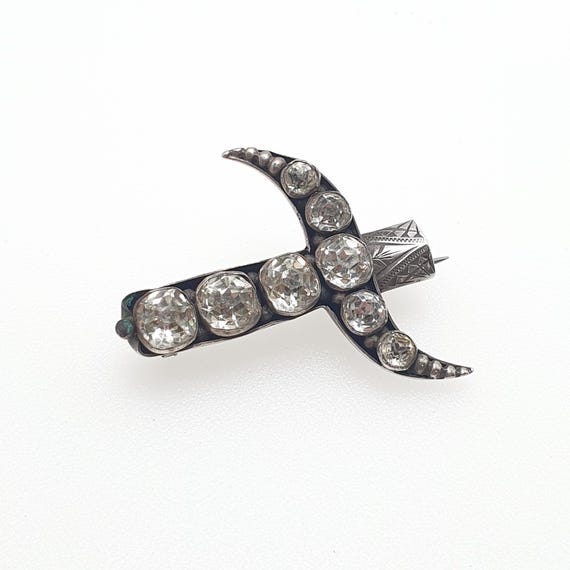 Antique Solid Silver Crescent Brooch Diamond Past… - image 2