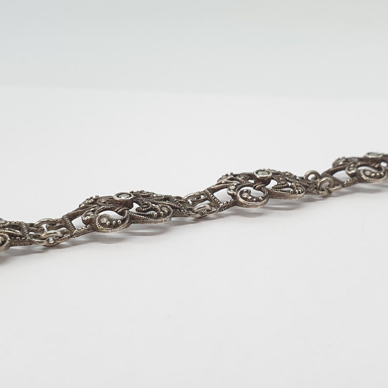 Antique Art Deco Solid Silver Marcasite Bracelet Pierced Link Panel German Ornate 1920s Vintage 13.39g 19cm 835 Womens Jewellery Jewelry