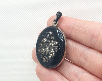 Antique Solid Silver Oval Locket Austro Hungarian Black Enamel Flower Seed Pearl Victorian Mourning Vintage Floral 1800s Jewellery Jewelry