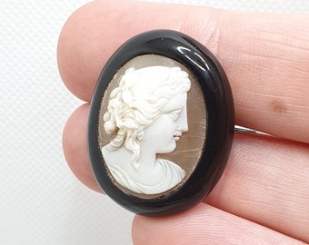 Antique Victorian Whitby Jet Cameo Brooch Large Lady Figure Vintage Pin 1800s Black Brown Womens Bust Ladies Jewellery Jewelry Gift
