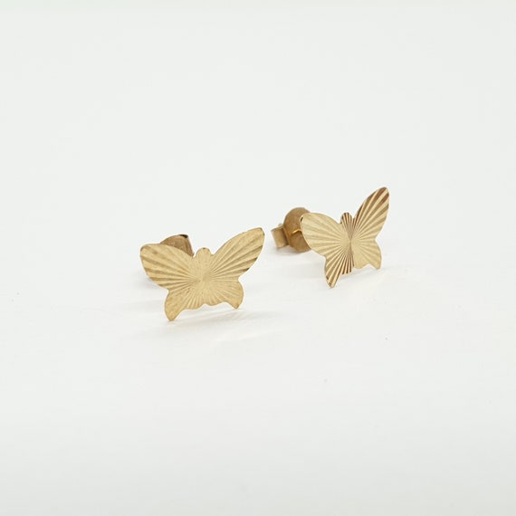 Vintage 9ct Gold Butterfly Stud Earrings Sunburst Pattern Petit