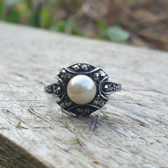 Antique Art Deco Sterling Silver Pearl Ring Vinta… - image 1