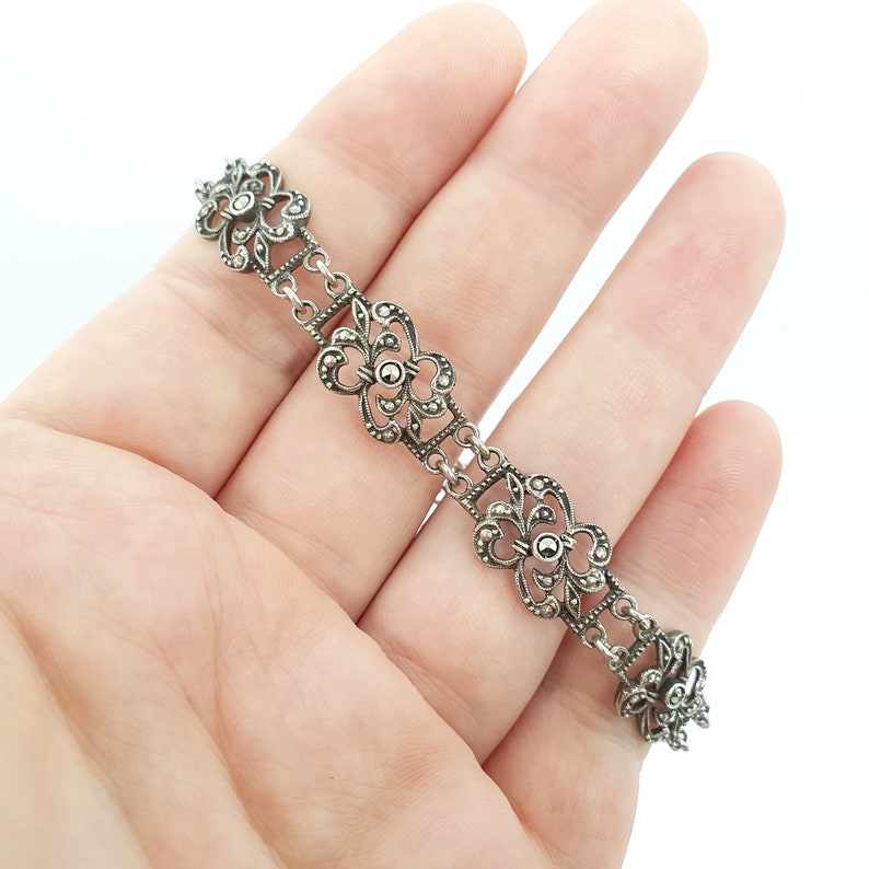 Antique Art Deco Solid Silver Marcasite Bracelet Pierced Link Panel German Ornate 1920s Vintage 13.39g 19cm 835 Womens Jewellery Jewelry