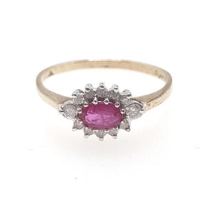 Vintage 9ct Gold Ruby Diamond Cluster Ring Halo Ring 1987 Hallmarked 1.9g