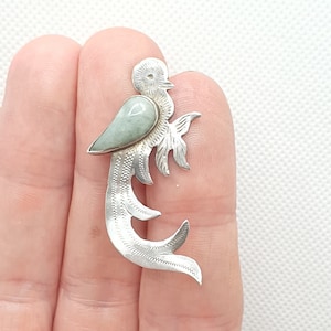 ヴィンテージ スターリングシルバー 鳥ペンダント ブローチ 翡翠 動物 野生動物 葉 枝 ソリッド 925 レトロ レディース ジュエリー ギフト
